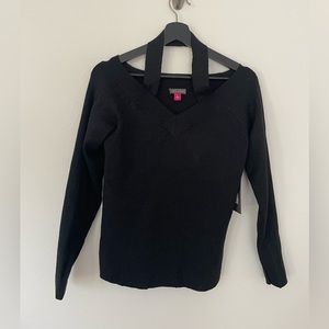 VINCE CAMUTO COLD-SHOULDER LUREX SWEATER RICH BLACK L